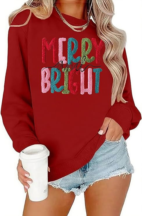 Merry Christmas Sweatshirts Women Merry And Bright Christmas Pullover Top Chenille Patch Letter P... | Amazon (US)