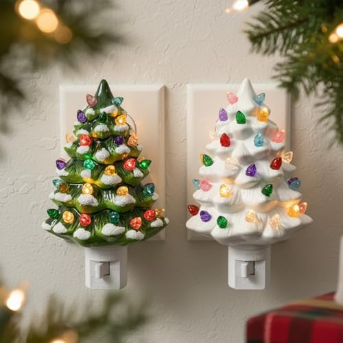 Uenough 2 Pack Christmas Green and White Ceramic Tree Night Light - 6" H Tabletop Holiday Nostalgic Lights with ON/Off Switch, Vintage Night Light for Gift Bedroom Holiday Decor | Amazon (US)