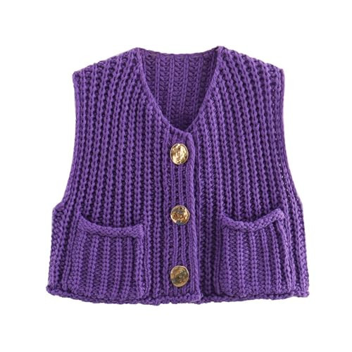 Collared Sweaters for Women Sweater Vests Crochet Chunky Knit Top Sleeveless Button Down Crop Tops Trendy Cardigan Sweater Vest with Pockets(Large,Purples) | Amazon (US)