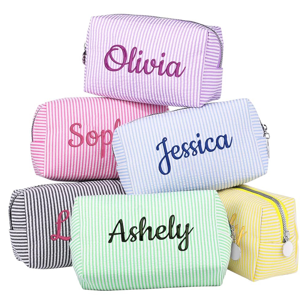 Personalized Seersucker Makeup Bag with Embroidered Name&Birth Flower,Custom Small Travel Cosmeti... | Amazon (US)