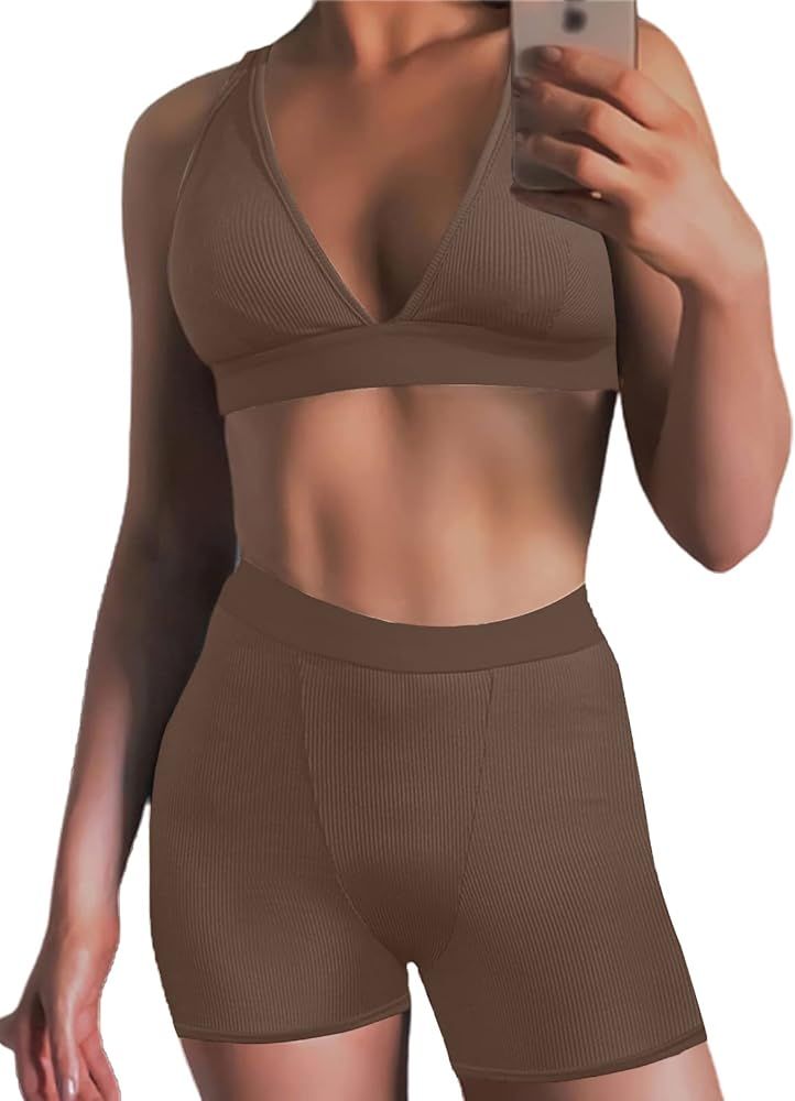 Women's Workout Outfit 2 Pieces High Waist Bodycon Yoga Leggings and Sleeveless Crop Top Gym Clothes | Amazon (US)