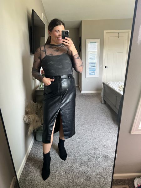 Midsize midi leather skirt outfit- perfect for date night! I’m in 32 to fit the tummy! It’s on sale thru the #ltksale 

Midsize date night, midsize fall outfit, size 12 fall, mesh top outfit 

#LTKmidsize #LTKSeasonal #LTKSale