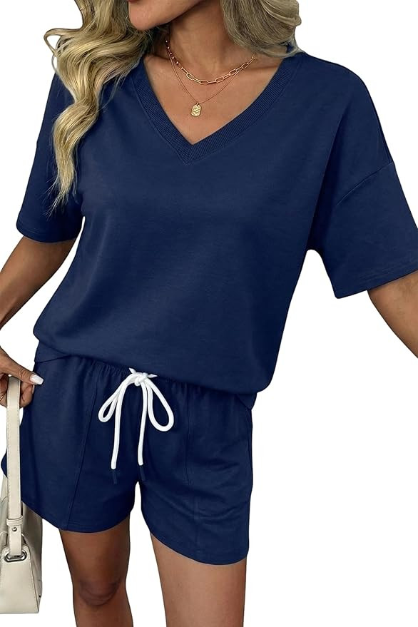SHEWIN Women's 2 Piece Short Sets V Neck Short Sleeve T-Shirts and Drawstring Shorts Beach Vacati... | Amazon (US)