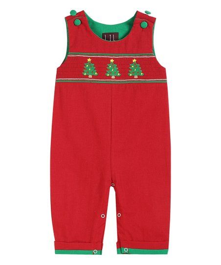 Red & Green Christmas Tree Smocked Overalls - Infant & Toddler | Zulily