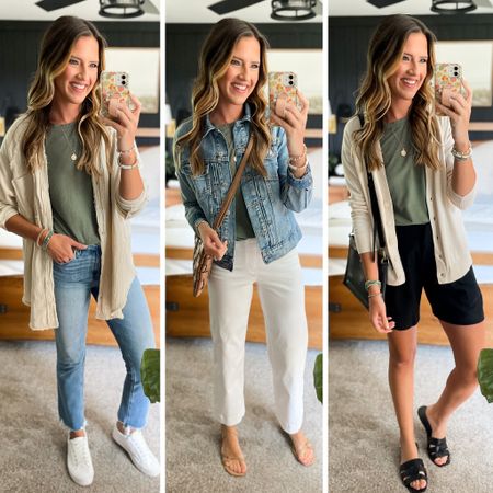 Summer capsule wardrobe 

Tee - small
Guaze button up - small
Jacket - small
Cardigan - medium 
Blue jeans - size 27 
White pants - small tall 
Black shorts - small 

#LTKstyletip #LTKunder50 #LTKFind