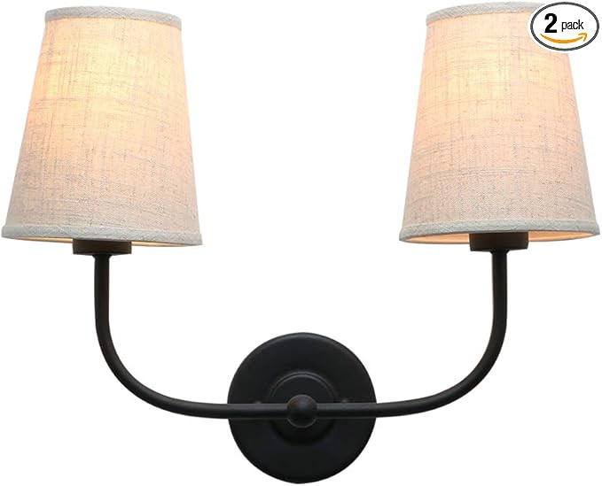 PERMO Vintage Double Sconce Matte Black 2-Lights Sconce with Flared Funnel Linen Beige Fabric Sha... | Amazon (US)