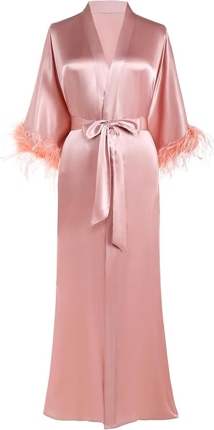 PRODESIGN Satin Kimono Robe Long Silky Bathrobe with Ostrich Feather Trim Sleepwear Wedding Bride... | Amazon (US)