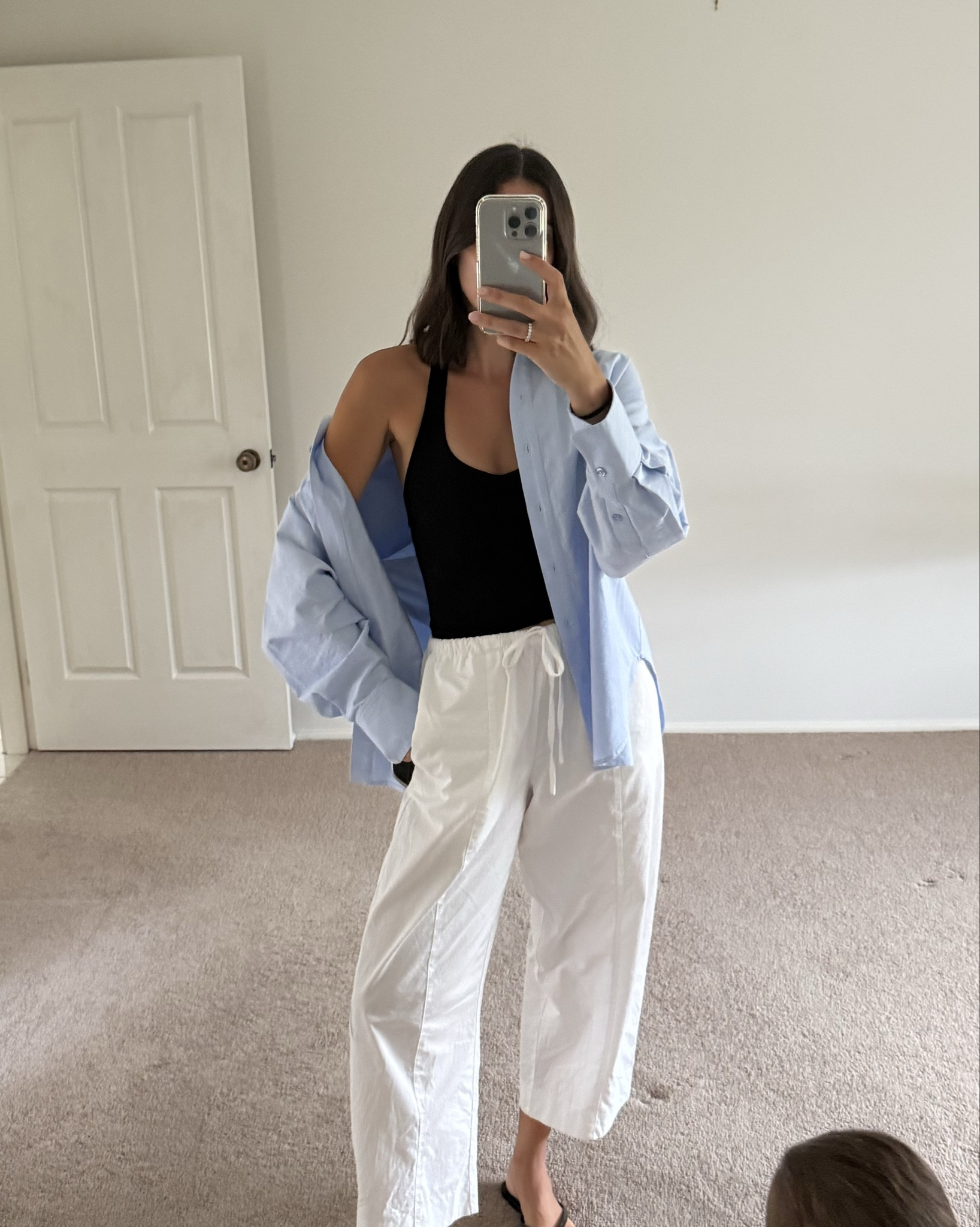 Todays outfit as a mum of two 💙 Seed oversized shirt, black tank from Lorna Jane and Dissh scout pants in white x 
