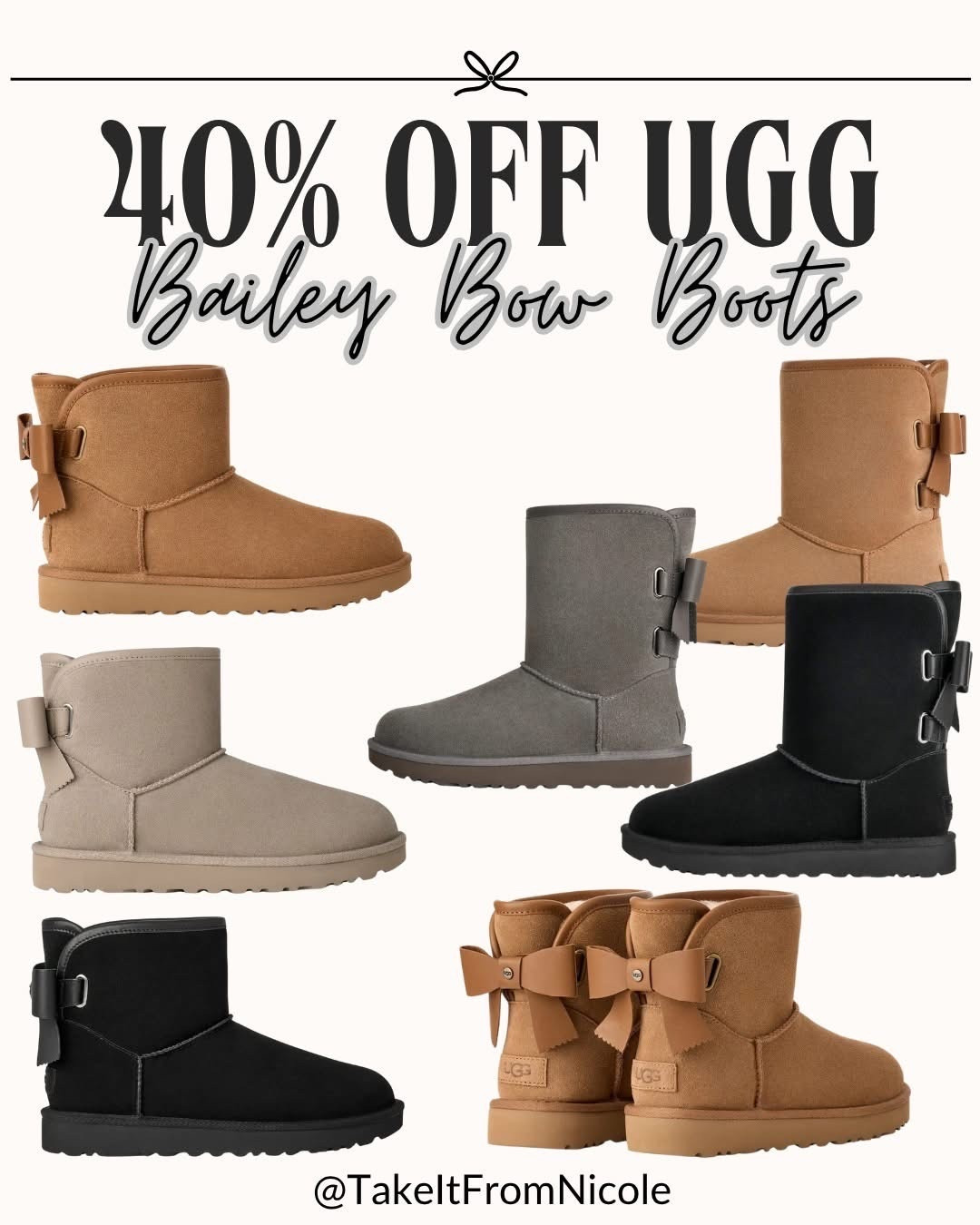 40% off UGG Bailey Bow boots in 3 colors and 2 different heights! Such a steal if you need them!

Ugg fashion / Uggs sale / gifts for her / gift ideas for her / gifts for mom / holiday deals 

#LTKGiftGuide #LTKCyberWeek #LTKHoliday