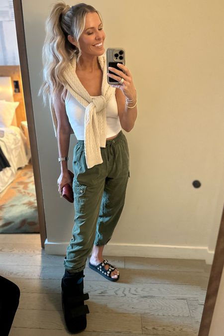 Keeping it casual with the most perfect white tank (I’ve got it in white and black and grey!), some easy army green cargo pants, & a sweater over the shoulders bc it makes me feel fancy :) // sizing: pants/small, tank/small, sweater/medium, sandals/TTS
