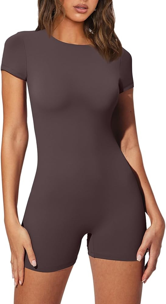 AUTOMET Workout Rompers Unitard Bodysuit For Women Yoga One Piece Jumpsuits High Neck Short Sleev... | Amazon (US)