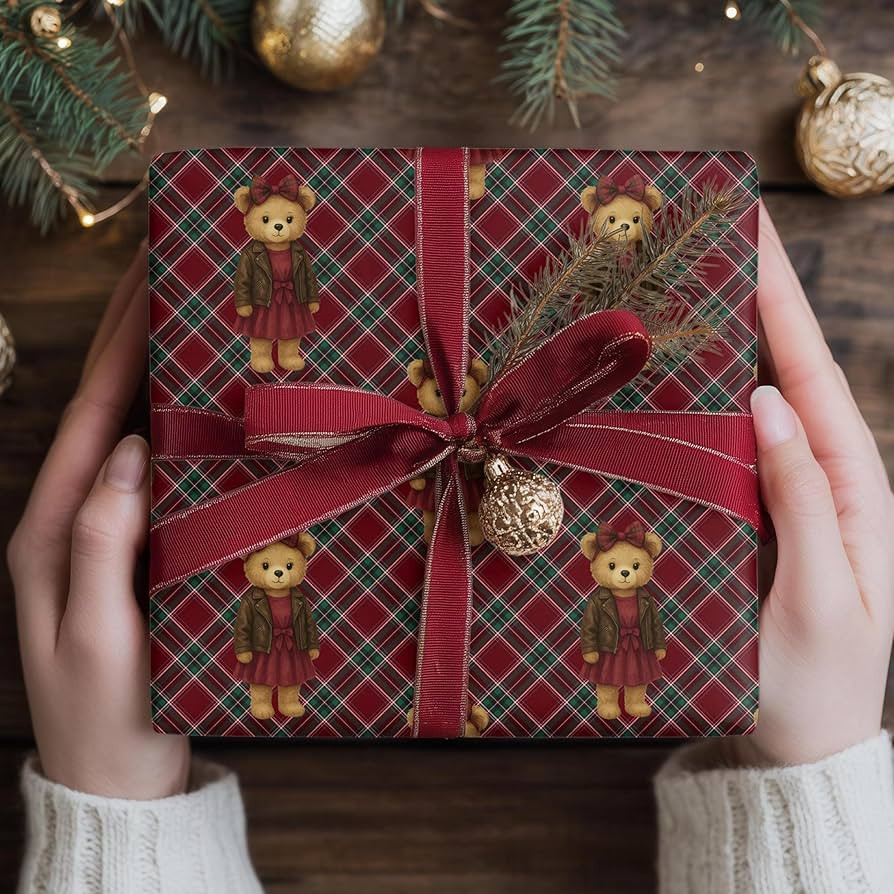 Joycye Tartan Bear Wrapping Paper Roll, Xmas Birthday Gift Wrap Paper, Girl Bear Plaid Wrapping P... | Amazon (US)