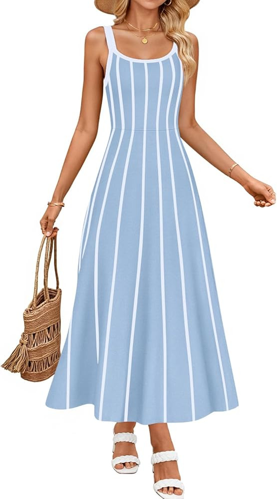 ZESICA Womens 2025 Summer Sleeveless Striped Midi Dresses Casual A Line Swing Knit Long Dress Bea... | Amazon (US)