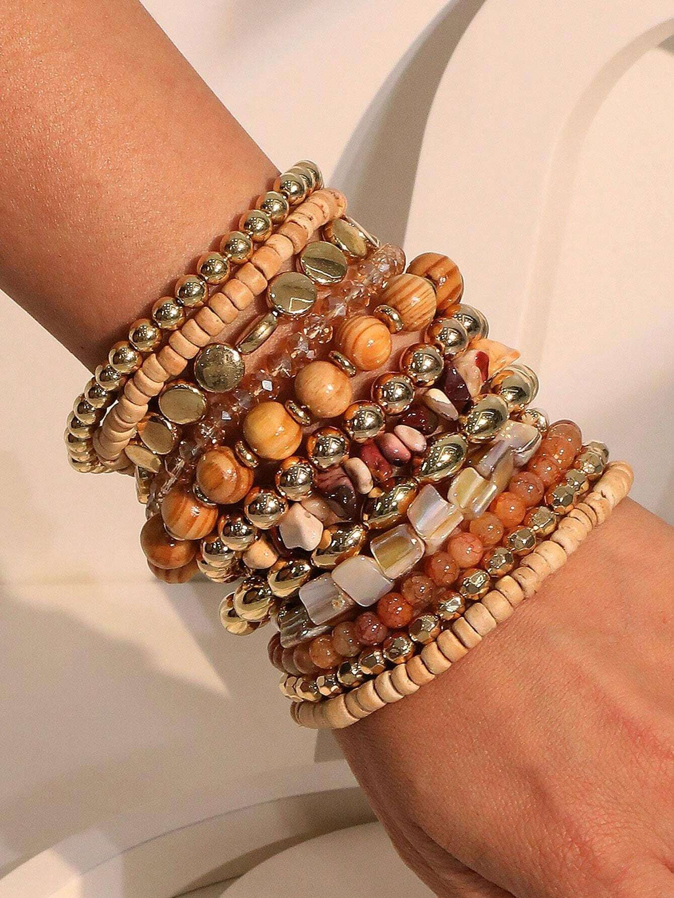 12pcs/Set Bohemian Style Brown Beaded Bracelets, Suitable For Women Vacation, Beach & Daily Wear | SHEIN