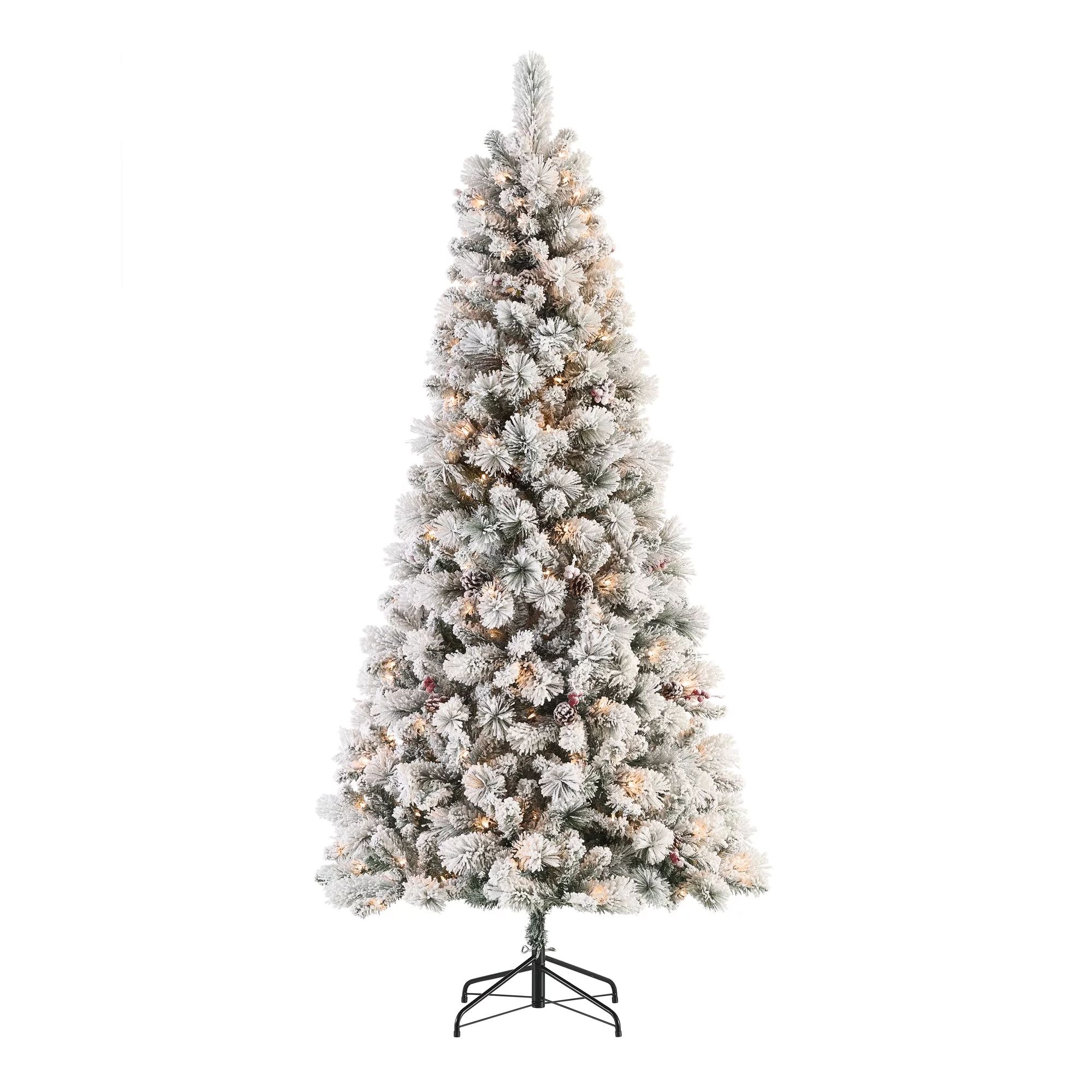 7.5 ft Pre-Lit Flocked Lakewood Spruce Artificial Christmas, Clear Lights, Green, 7.5 ft, by Holi... | Walmart (US)