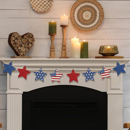 4th of July Patriotic Garland Decorations, Rustic Wooden Star Red White and Blue Garland Decor, Retro 4th of July Banner for Fireplace Mantel Wall Patriotic Party Home Decor (Star) | Amazon (US)