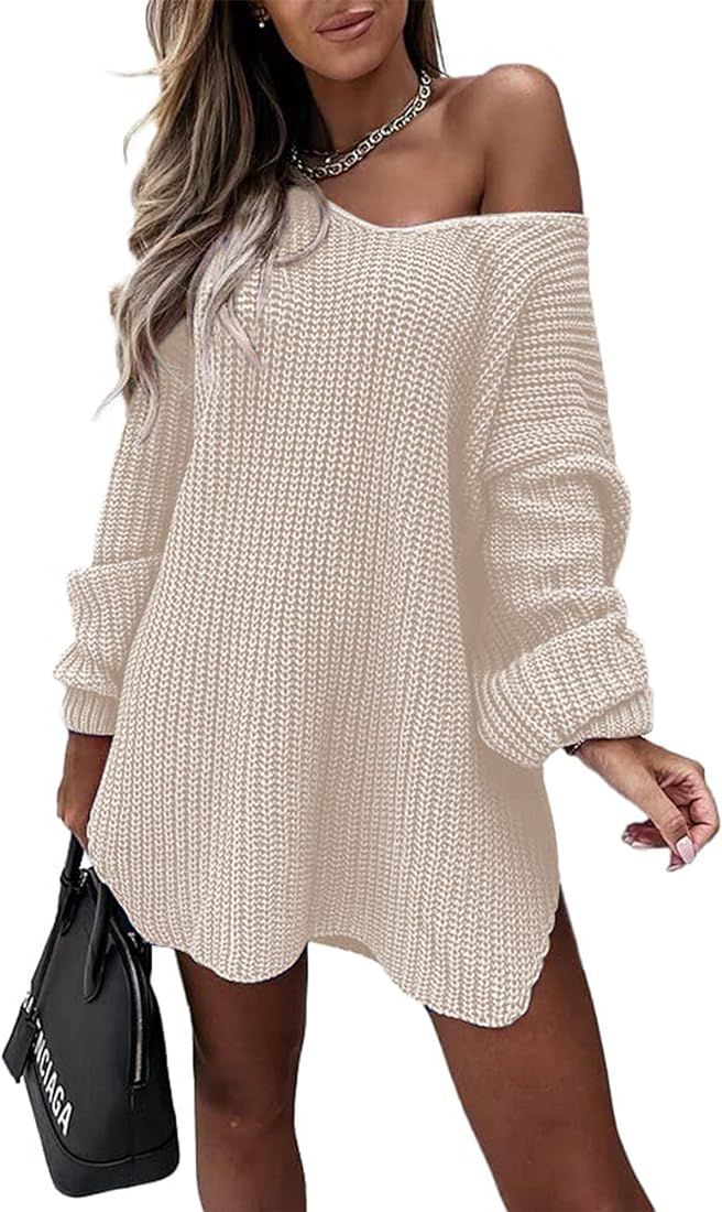 NOLLSOM Women Casual Long Sleeve Relaxed Fit Long Pullover Off Shoulder Solid Ribbed Knit Sweater... | Amazon (US)