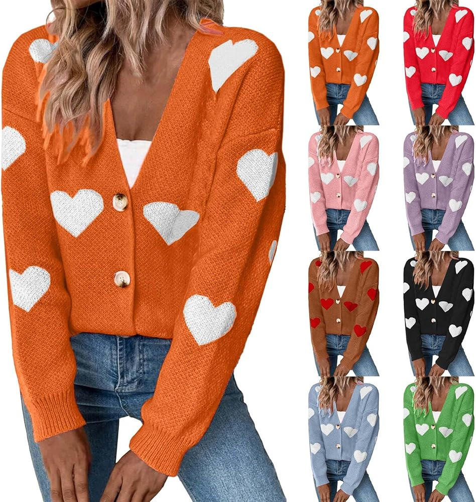 Heart Cardigan Sweater for Women Valentines Long Sleeve Button Open Front Casual Cute Knit Pullov... | Amazon (US)