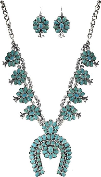 Turquoise Vintage Squash Blossom Metal Statement Necklace/w Earrings No.516 | Amazon (US)