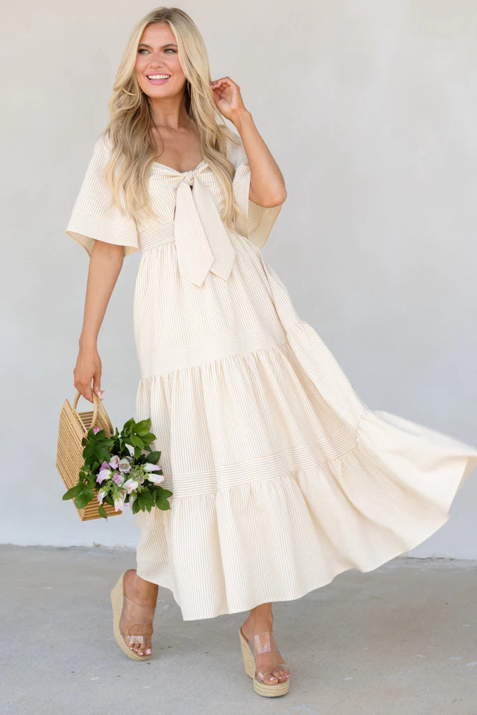 Elegant Simplicity Tan Seersucker Midi Dress | Red Dress 