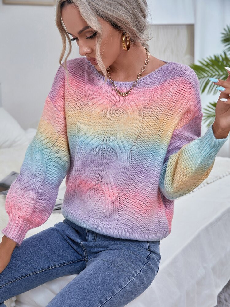 Ombre Drop Shoulder Cable Knit Sweater | SHEIN