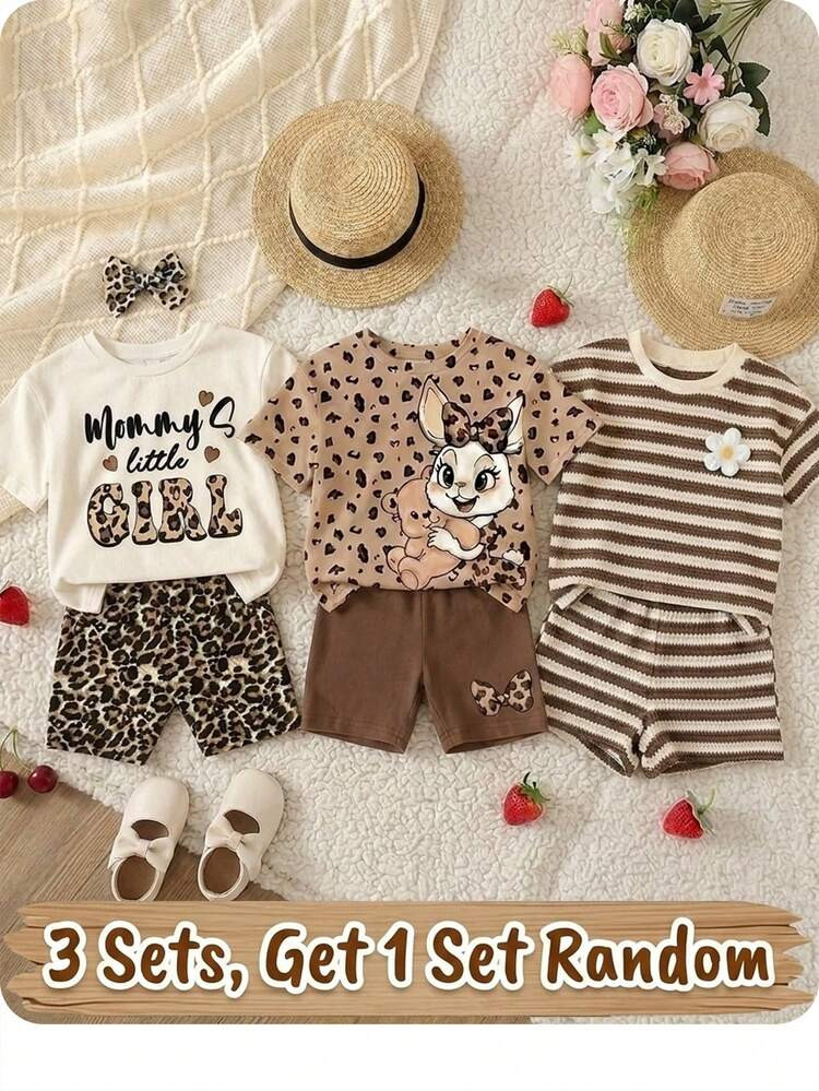 SHEIN Happikins Mama's Little Girl❤ Cream White, Vintage Leopard Print Baby Girl's Casual Minimalist Round Neck Loose Short Sleeve T-Shirt And Skinny Shorts Set, Suitable For Spring/Summer | SHEIN