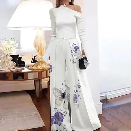 Women Long Sleeve Sloping Shoulders Print Jumpsuit Casual Pants Fiudx Flowy Pants For Women | Walmart (US)