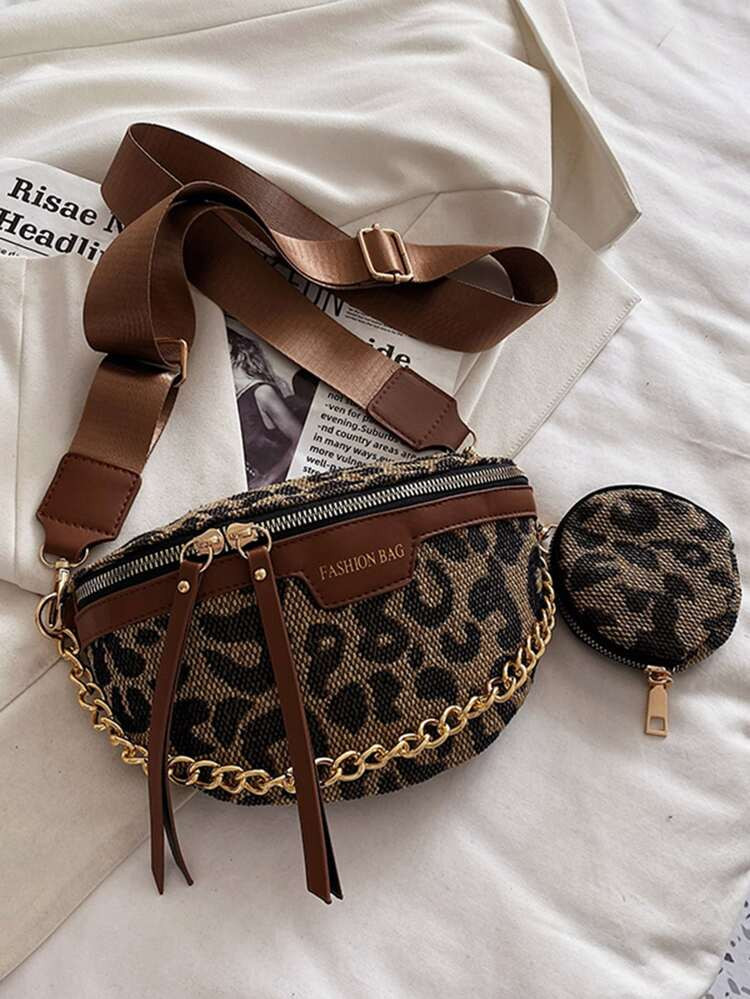Leopard Print Chain Saddle Bag With Coin Purse | SHEIN