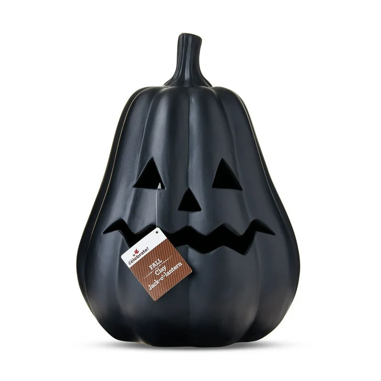 Clay Pumpkin Jack-o'-Lantern Tabletop Decor, Black, 13", Fall Indoor by Way To Celebrate | Walmart (US)