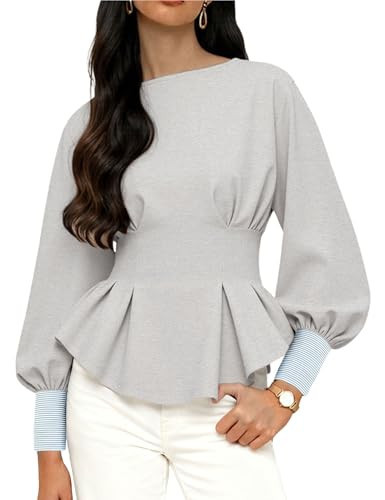 Zhiyouni Women's Peplum Sweatshirt Round Neck Balloon Long Sleeve Pullover Tops Tunic Shirt(Grey-L) | Amazon (US)