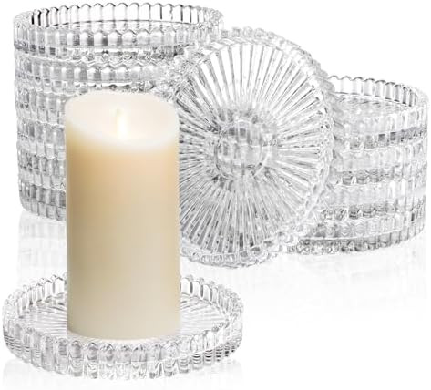Elsjoy 12 Pack 4 Inch Glass Pillar Candle Holder Plate, Round Clear Glass Candle Tray Ribbed Pill... | Amazon (US)