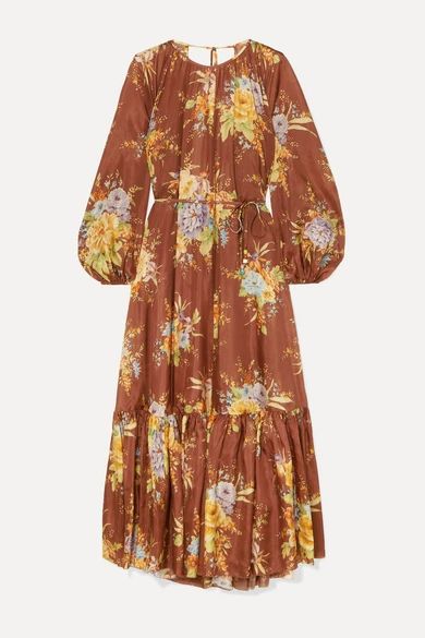 Zimmermann - Zinnia Tiered Open-back Floral-print Silk Midi Dress - Brown | NET-A-PORTER (US)
