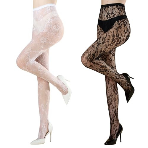 MANZI 2 Pairs Women's Patterned Fishnet Tights Floral Lace Fishnets Stockings High Waist Goth Pantyhose(White Floral+Black Floral) | Amazon (US)