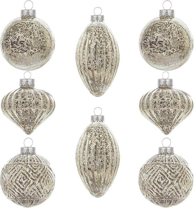 KI Store Mercury Glass Christmas Ornaments Set of 8 Champagne Silver Hanging Christmas Balls Fini... | Amazon (US)
