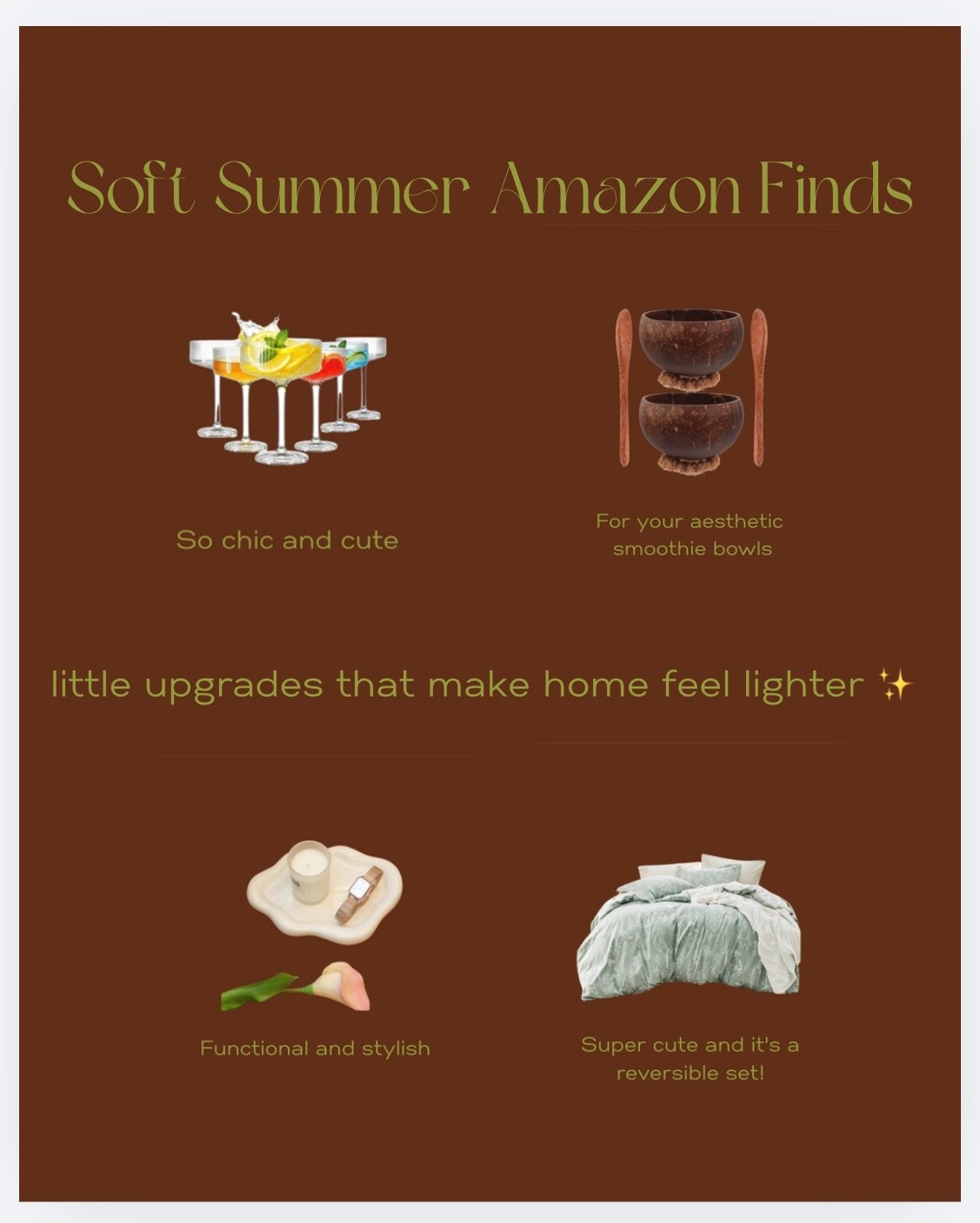 Soft summer home refreshes are my favorite kind 🤎

Nothing dramatic… just little upgrades that make everyday life feel prettier, cozier, and more elevated.

Lately I’ve been loving:
✨ cozy bedding
✨ pretty hosting glasses
✨ aesthetic kitchen finds
✨ soft textures
✨ affordable decor upgrades

These are the kinds of finds that make home feel lighter for summer without spending a fortune.