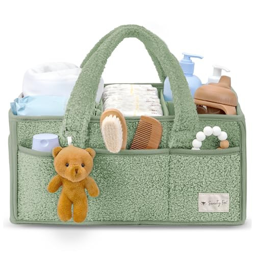 Sweety Fox Baby Diaper Caddy Organizer with Handle - Portable Sherpa Nursery Basket - Car Diaper Organizer, Cleaning Caddy, Gift for Baby Shower - Green | Amazon (US)