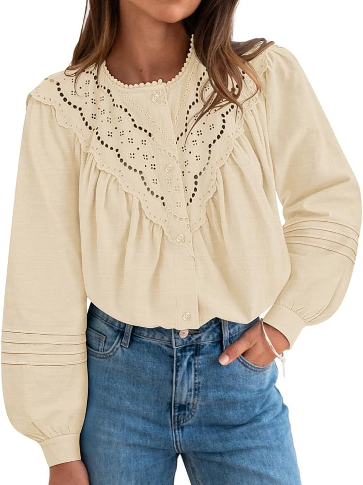 ZESICA 2026 Spring Summer Long Puff Sleeve Babydoll Tops for Women Lace Crochet Button Down Boho ... | Amazon (US)