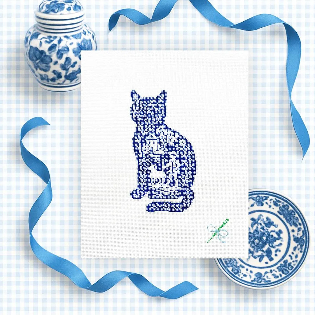 Hand-painted Toile Kitty Needlepoint Canvas, Blue-and-White Design | Etsy (US)
