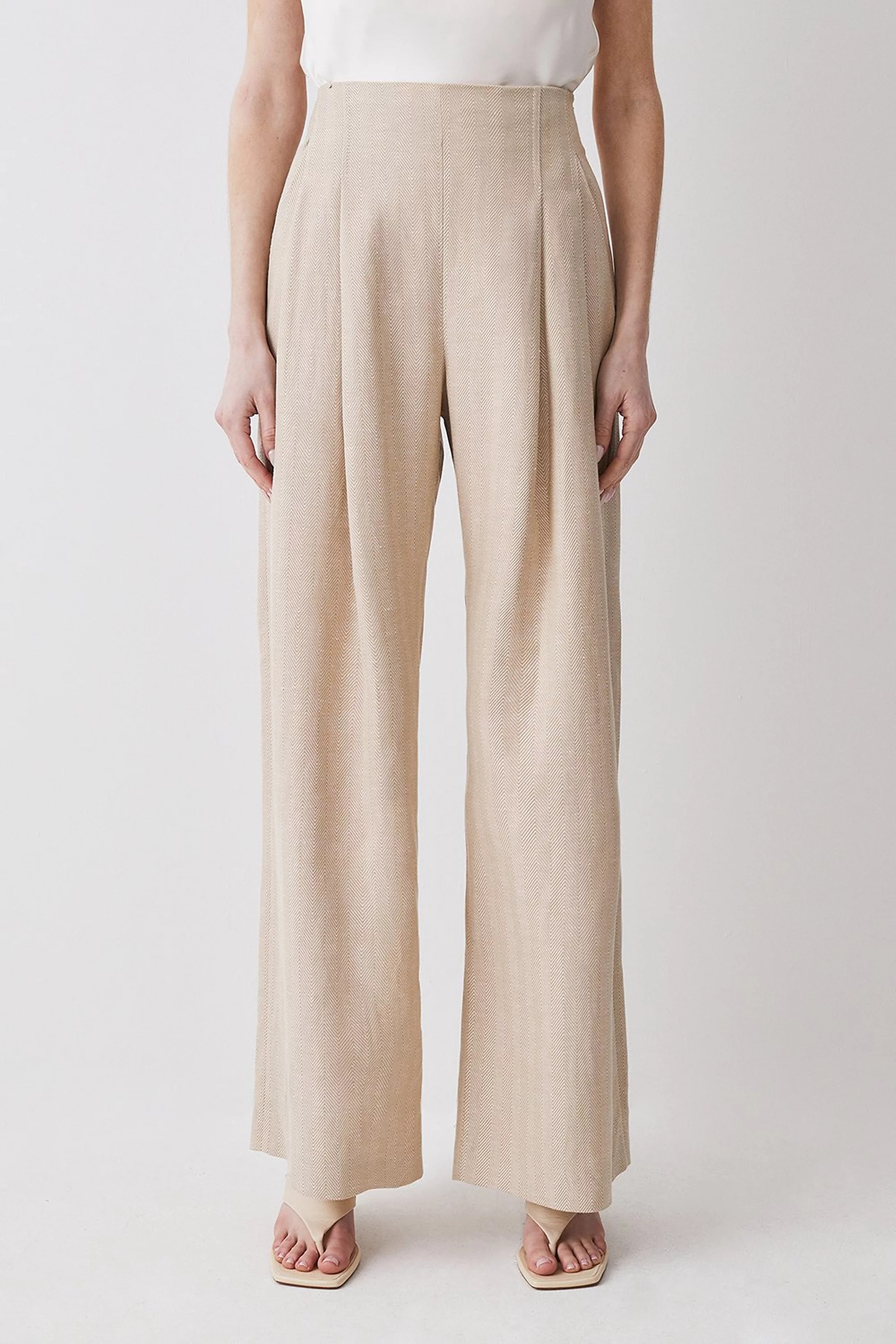 Herringbone Linen Darted Wide Leg Trouser | Karen Millen UK + IE + DE + NL
