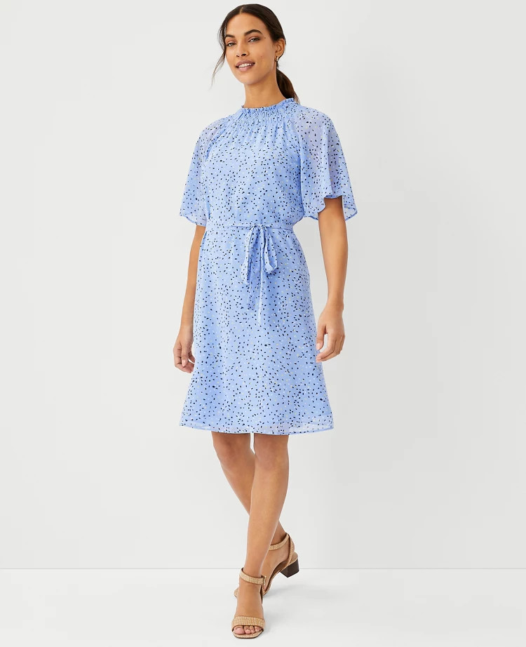 Flecked Smocked Neck Flare Dress | Ann Taylor (US)