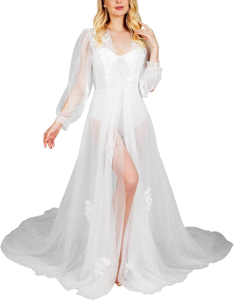 Women's Long Bridal Robes Tulle White Sheer Ladies Dressing Gown Full Length Sheer Wedding Day Br... | Amazon (US)