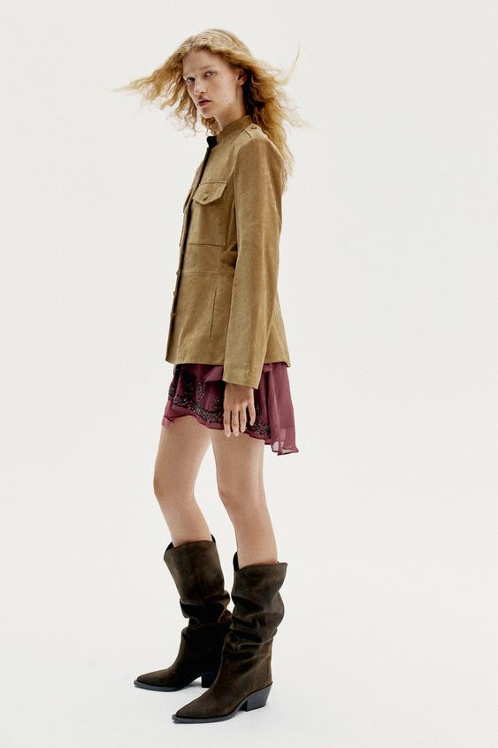 Zara - Leather Cowboy Boots - Khaki Green - 8 - Woman | Zara UK