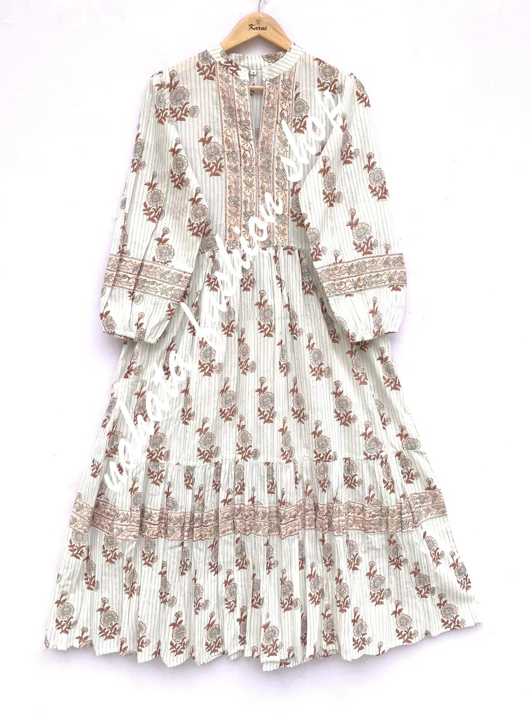 gray-brown floral hand block printed women's maxi dress - collar neckline with belt cotton long d... | Etsy (US)