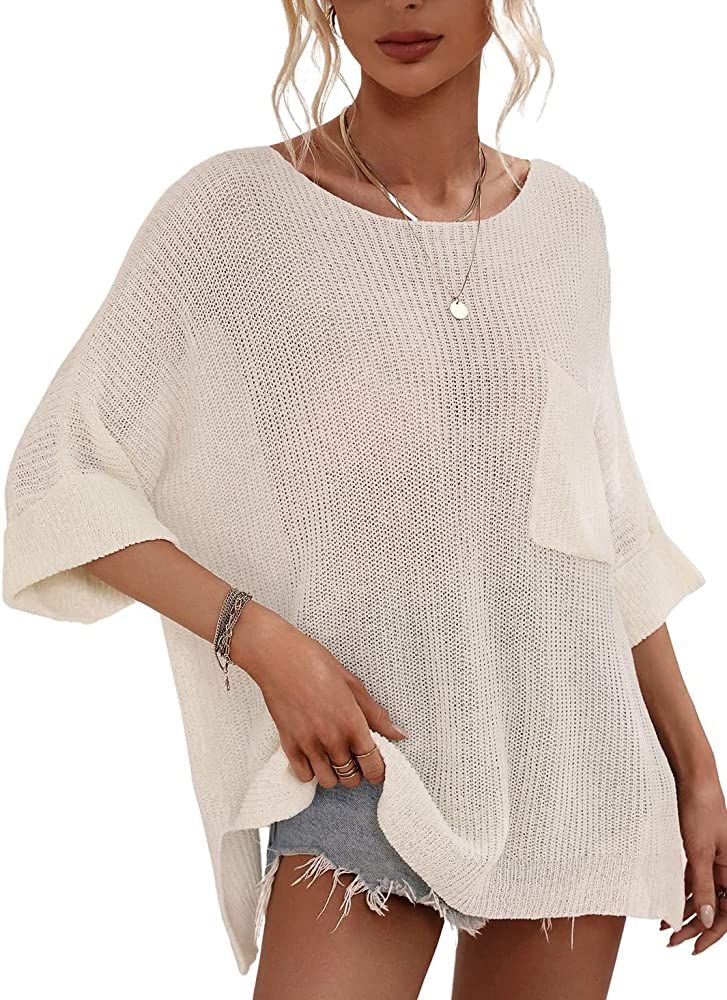 chouyatou Women's Spring Oversized Short Sleeve Crochet Sweater Top Beach Summer T-Shirt | Amazon (US)