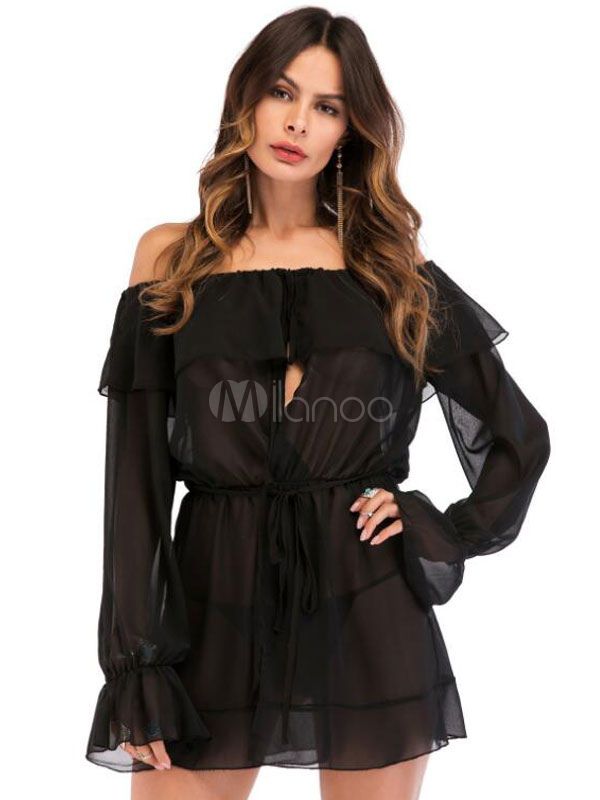 Black Mini Dress Long Sleeve Sexy Chiffon Dress Ruffles Off The Shoulder Summer Dress | Milanoo