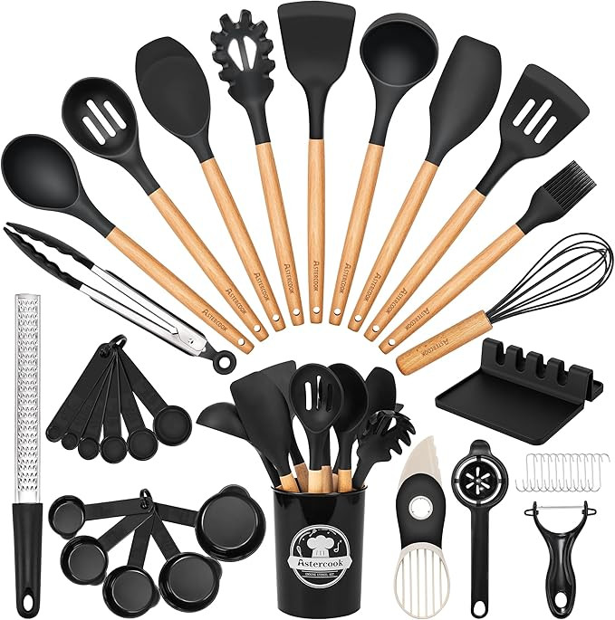 Astercook 39 PCS Kitchen Utensils Set, Silicone Cooking Utensil Sets with Wooden Handle, 446°F H... | Amazon (US)
