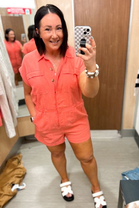New short sleeve romper from Target!  Sized up to a size 16. Very stretchy and comfortable!  The top part does seem to have some extra room to it. The bottom half fits me perfectly. Love this bright color. Sandals run tts  

#LTKMidsize #LTKFindsUnder50 #LTKSeasonal