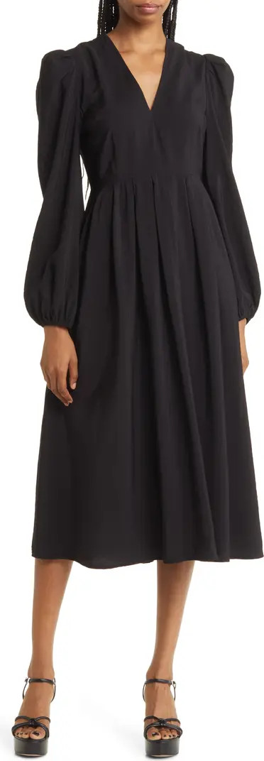Pleated Puff Shoulder Long Sleeve Midi Dress | Nordstrom