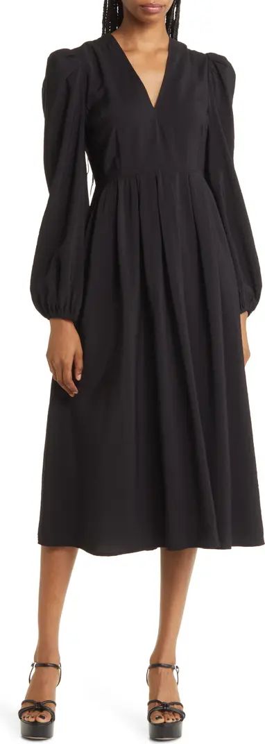 Pleated Puff Shoulder Long Sleeve Midi Dress | Nordstrom