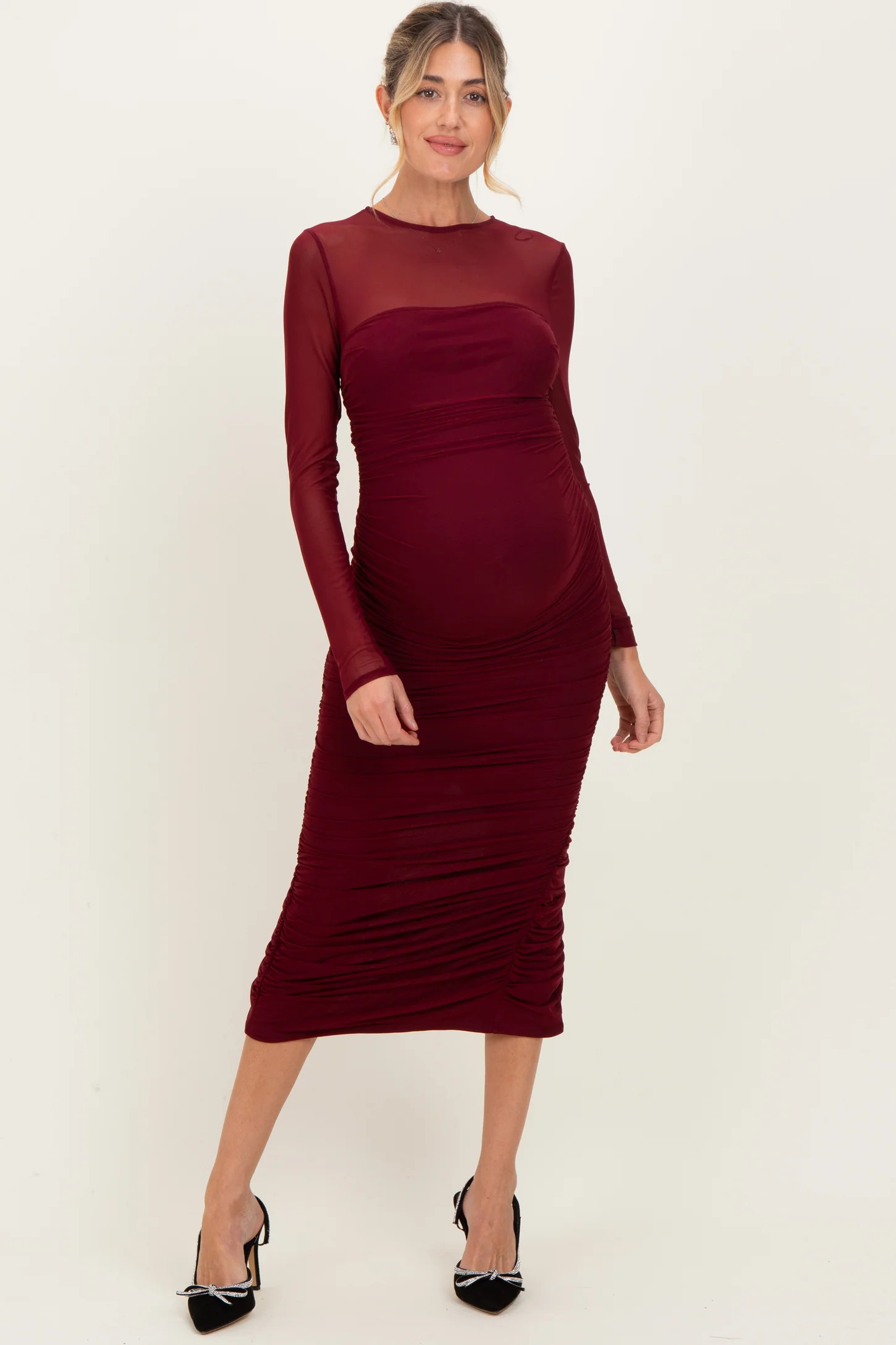 Burgundy Mesh Ruched Long Sleeve Maternity Midi Dress | PinkBlush Maternity